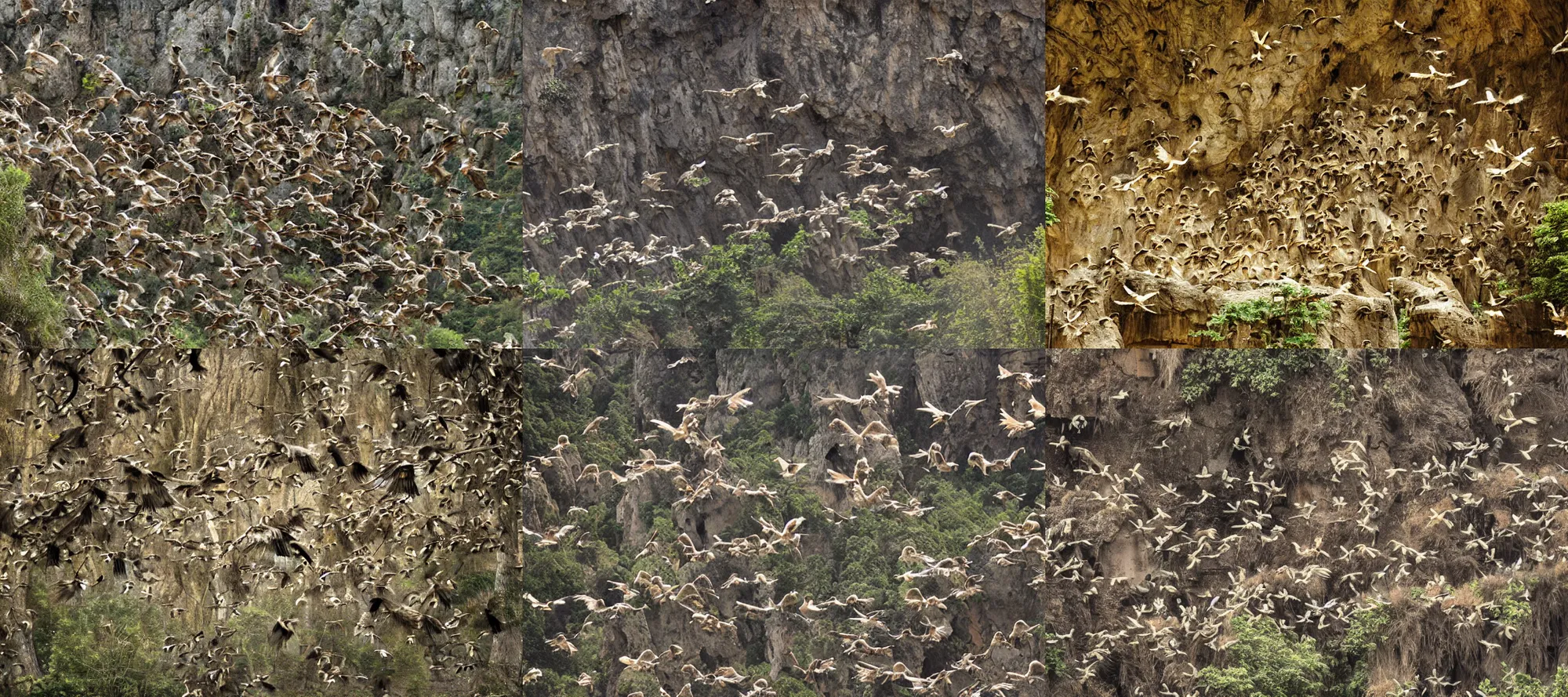 Prompt: A harpy colony, cave city, multiple visible harpies in flight, wide shot photograph, Nature magazine