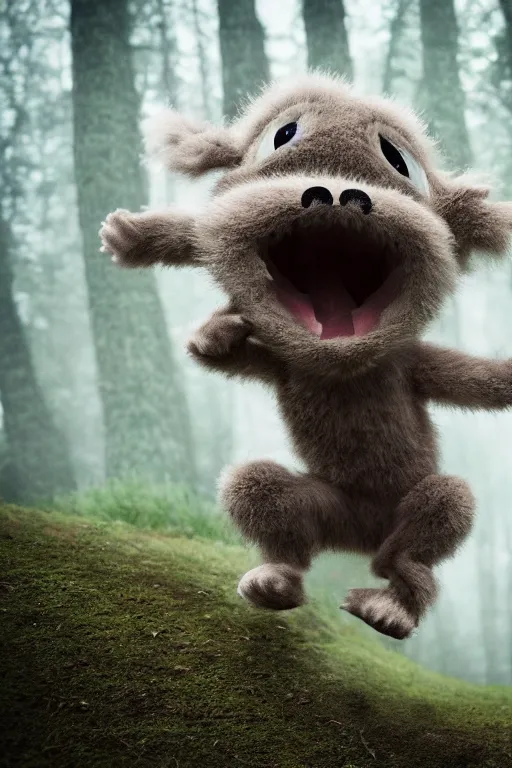 Prompt: A little furry cute monster is excited jumping over a mound in a misty forest, 4k, 8k