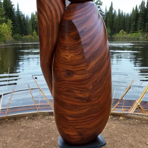 Image similar to wooden sculpture of an astronaut catching salmon, polished maple, thoughtful, elegant, real