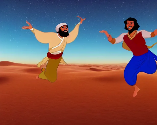 Image similar to a brown man aladdin floating on a magical carpet ride over the arabic desert. realistic 16k footage.!dream a brown man aladdin floating on a magical carpet ride over the arabic desert. realistic 16k footage.