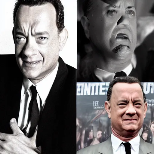 Prompt: tom hanks as the front of a human centipede