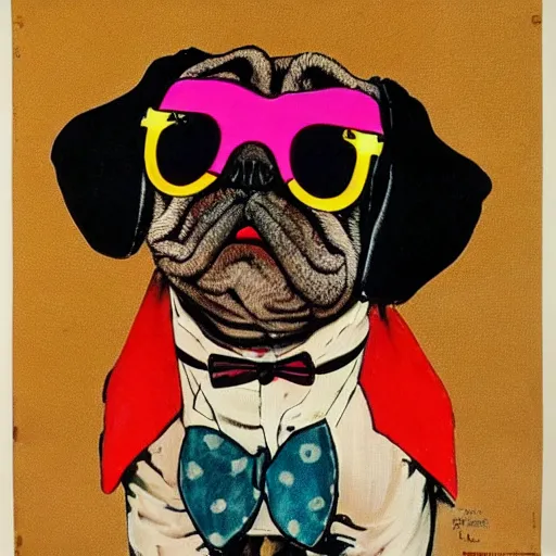 Prompt: a norman rockwell painting of a old - fashioned - humanoid - pug wearing brightly colored cheap sunglasses and 3 - piece suit