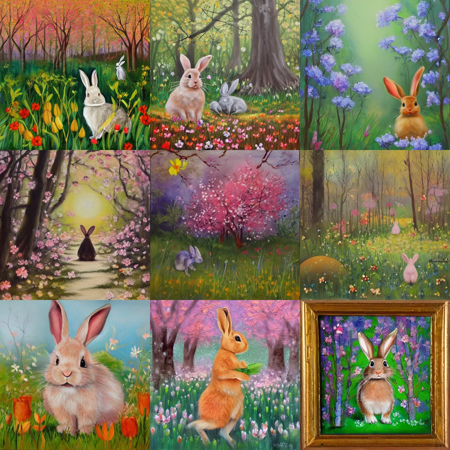 Prompt: The first day of spring. The woods are in bloom, and a rabbit has found some flowers. Oil painting by Murai Martinez