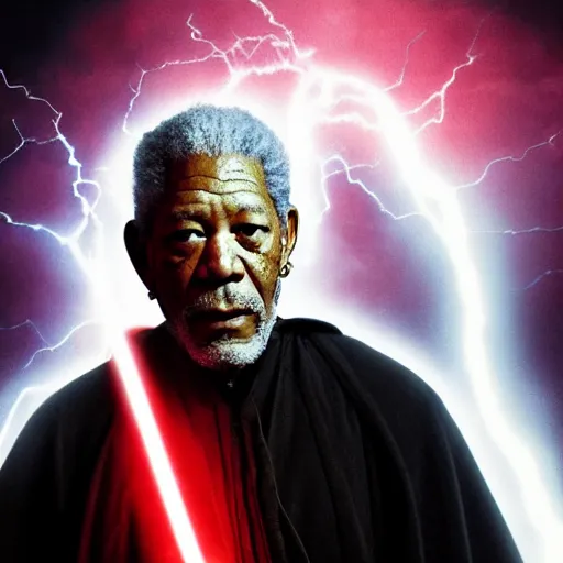 Image similar to Morgan Freeman as a sith lord wearing a hooded black robe with glowing red eyes and casting lightning from his hands