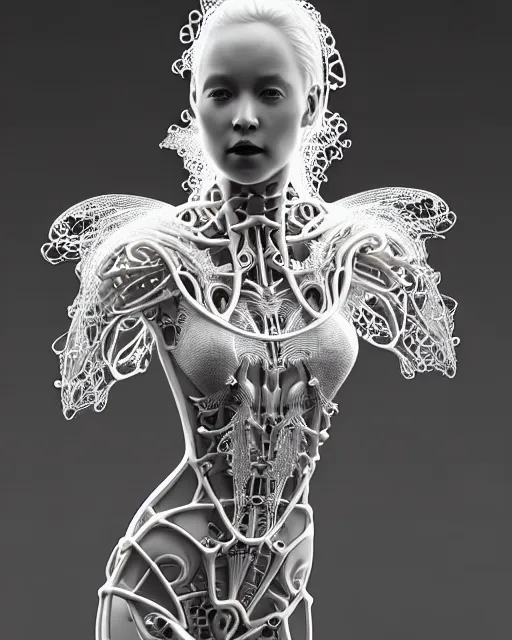 Image similar to bw 3 d render, stunning beautiful young angelic cute biomechanical albino female cyborg with a porcelain profile face, rim light, big leaves and stems, roots, fine foliage lace, alexander mcqueen, art nouveau fashion embroidered, steampunk, silver filigree details, hexagonal mesh wire, mandelbrot fractal, elegant, artstation trending