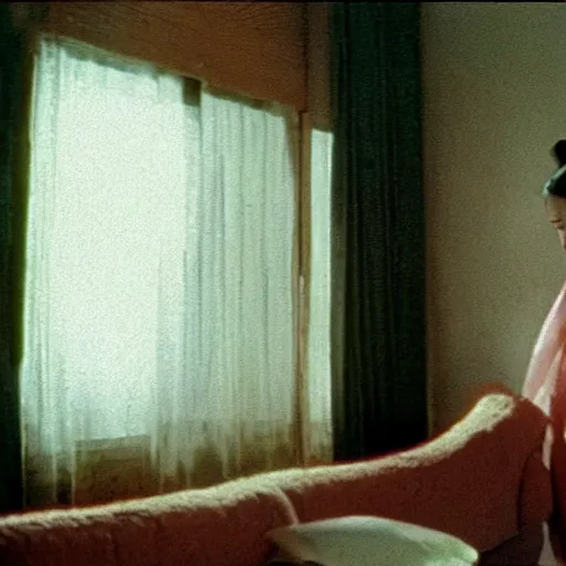 Image similar to a woman in a hanbok sitting on a couch, a starfish arm coming through the window, minimal cinematography by Akira Kurosawa, movie filmstill, 1950s film noir, thriller by Kim Jong-il and Shin Sang-ok, abstract occult epic composition