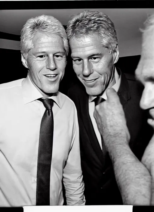 Prompt: blurry polaroid of shirtless bill clinton and jeffrey epstein with hands out, approaching camera, fisheye, 20mm