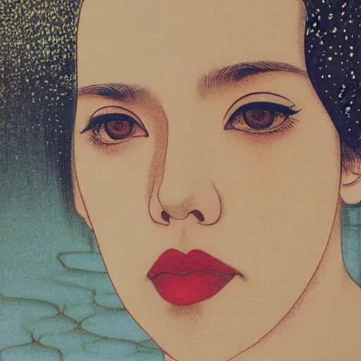 Image similar to “ scarlett johansson portrait by ikenaga yasunari and ayana otake and ko rakusui, 6 0 s poster, drawing, realistic, sharp focus, japanese, dreamy, nostalgia, faded, golden hues, floral clothes, porcelain skin ”