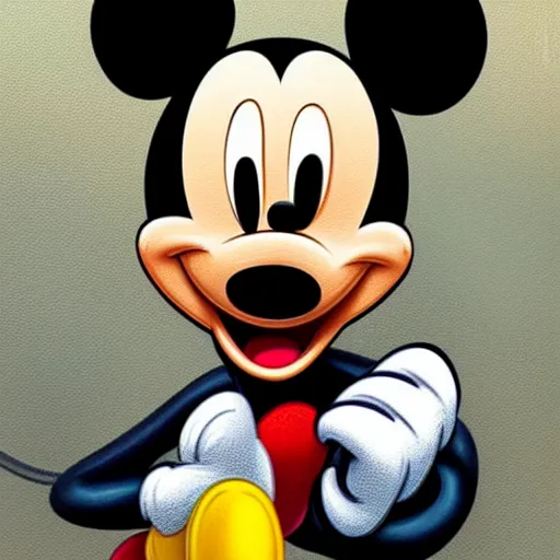 Image similar to Mickey Mouse as a character in the game GTA VI, with a background based on the game League of Legends, detailed face, PAINTING BY android jones