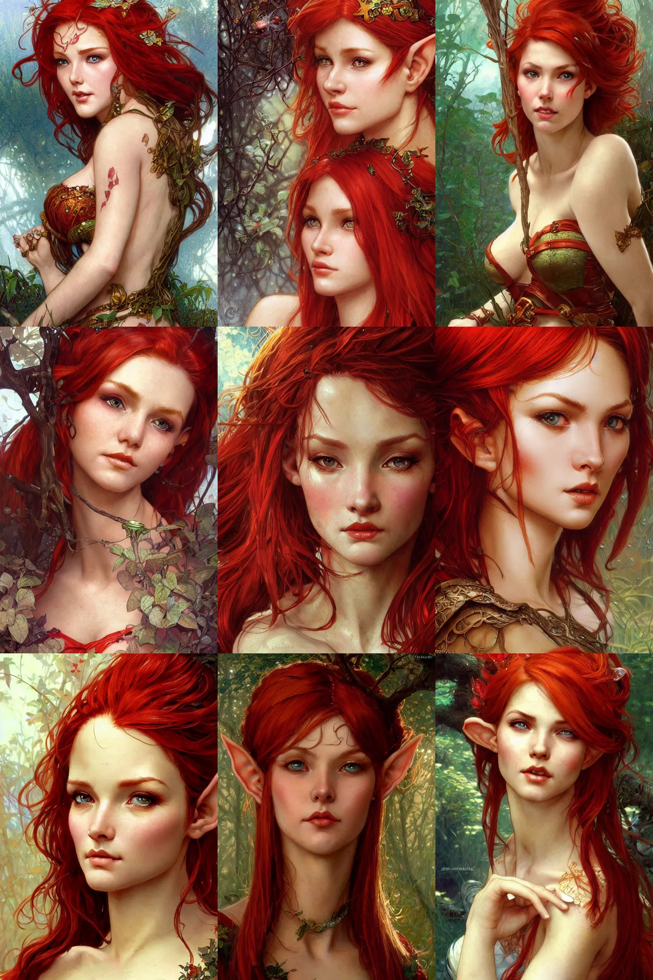 Prompt: alluring highly detailed closeup portrait of beautiful elf woman with red hair, very detailed, realistic, card, by Stanley Artgerm Lau, greg rutkowski, thomas kindkade, alphonse mucha, loish, norman rockwell J.