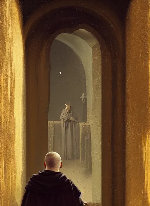 Prompt: oil painting of a medieval dominican monk in robes, looking out of a monastery window contemplatively, digital art, artstation, cinematic, golden hour, digital art painting by greg rutkowski