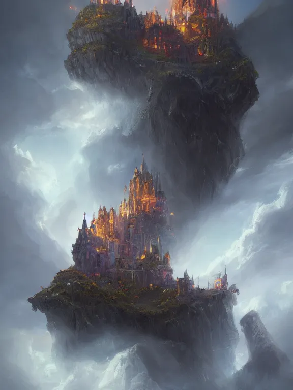 Image similar to photo of 8k ultra realistic castle on cliff surrounded by swirling clouds and lighting, dark, menacing, full of colour, cinematic lighting, battered, trending on artstation, 4k, hyperrealistic, focused, extreme details,unreal engine 5, cinematic, masterpiece, art by Peter Mohrbacher