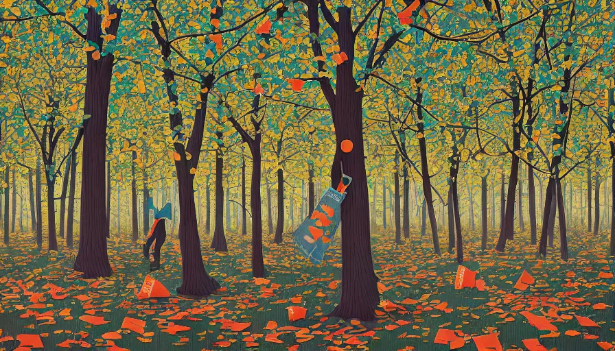 Image similar to safety cones scattered around an oak tree forest, by james jean by ilya kuvshinov kintsugi, hyper detailed surrealist painting