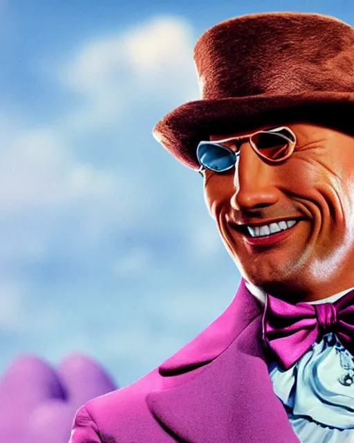 Image similar to Film still close-up shot of Dwayne Johnson as Willy Wonka from the movie Willy Wonka & The Chocolate Factory. Photographic, photography