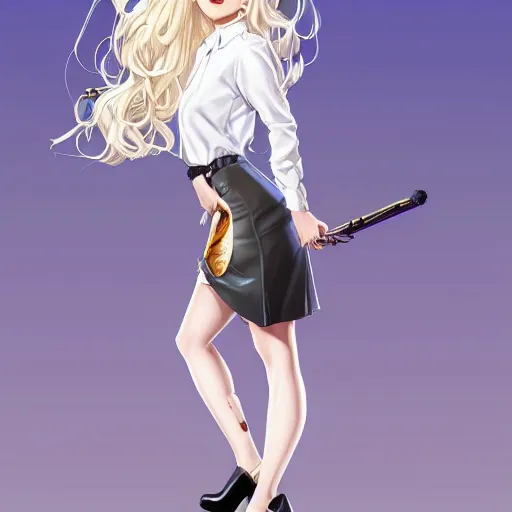 Image similar to Lucius as a beautiful androgynous blond man, white dress shirt and black miniskirt stockings heels, fluffy long curly blond hair, 4k digital illustration by Artgerm, wlop, James Jean, Andrei Riabovitchev, Marc Simonetti, yoshitaka Amano, Artstation, CGsociety