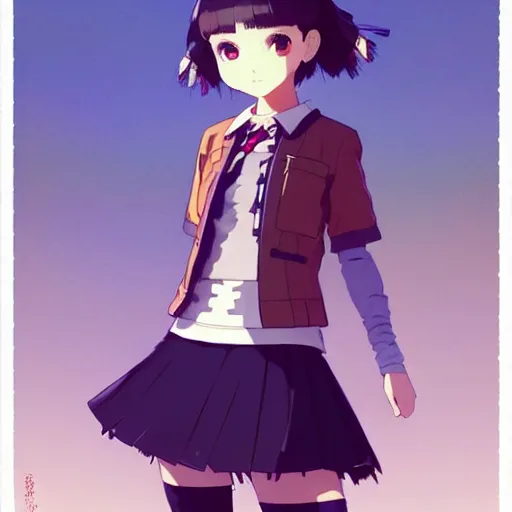 Image similar to a beautiful! boyish! natalie portman model, wearing catholic school girl outfit with mayan pattern and native style, jrpg aztec street fashion, gapmoe yandere grimdark, trending on pixiv fanbox, painted by greg rutkowski makoto shinkai takashi takeuchi studio ghibli, akihiko yoshida