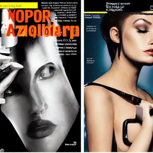 Image similar to a liquid metal robot is partially morphing into copy of actress in the magazine, realistic, detailed