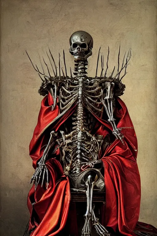 Prompt: wraith skeleton knight wearing crimson cloak sitting on throne, mechanic electric ornaments, golden metallic, realistic, detailed, by caravaggio