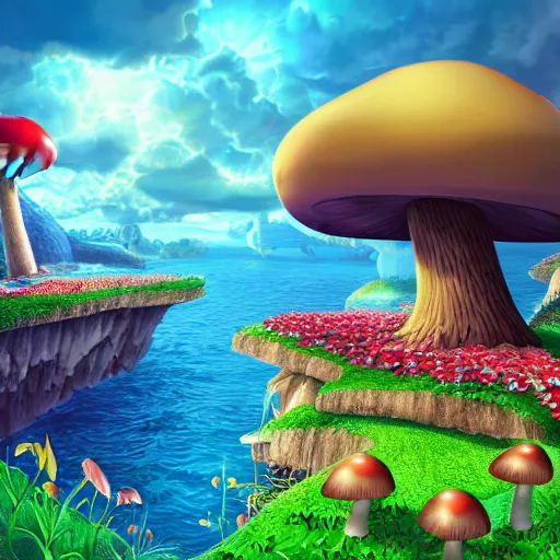 Prompt: the mushroom kingdom, photorealistic, landscape, cinematic, beautiful, colorful