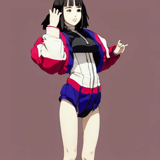 Image similar to a beautiful japanese natalie portman gravure model, wearing oversized native designer bomber jacket and leotard with overalls, bulky poofy bomber jacket with mesoamerican patterns, mesoamerican native street fashion, gapmoe yandere grimdark, trending on pixiv fanbox, painted by greg rutkowski makoto shinkai takashi takeuchi studio ghibli, akihiko yoshida