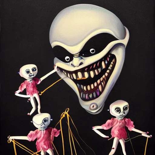 Image similar to beautiful painting of the evil porcelain old puppeteer surrounded by toy ballerinas in the style of Welder Wings and H. R. Giger. Dark background, detailed, trending on Artstation