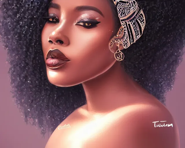 Prompt: A beautiful black skinned woman wearing a scarf with large lips and smooth eyebrows and curly hair, complimentary eyeliner, light blush and metallic eyeshadow, HD, illustration, epic, fantasy, intricate, elegant, amazing detail, digital painting, artstation, concept art, smooth, sharp focus, illustration, art by Turine Tran