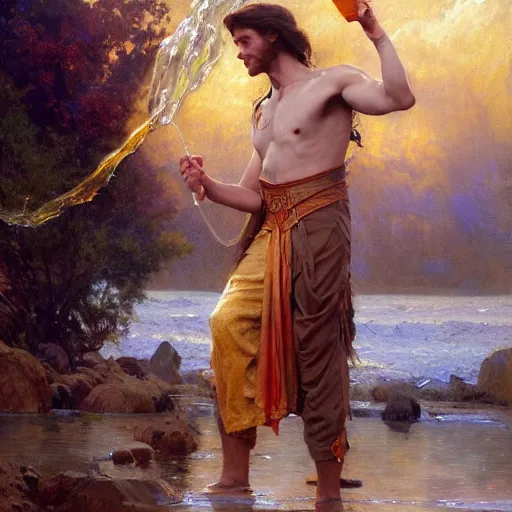 Prompt: stunning male wizard casting his water spell, highly detailed painting by gaston bussiere, craig mullins, j. c. leyendecker, 8 k