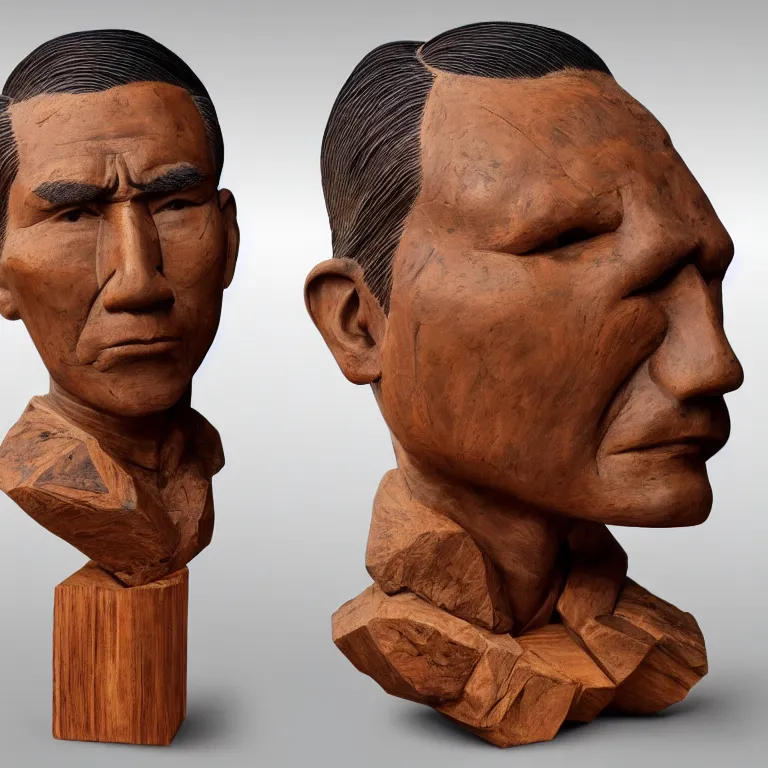 Image similar to public sculpture minimalist bust portrait of a powerful navajo man, beautiful symmetrical face accurate face detailed face realistic proportions, carved out of juniper wood on a pedestal by stephan balkenhol and martin puryear and ron mueck, hyperrealistic dramatic lighting shocking detail trending on artstation 8 k
