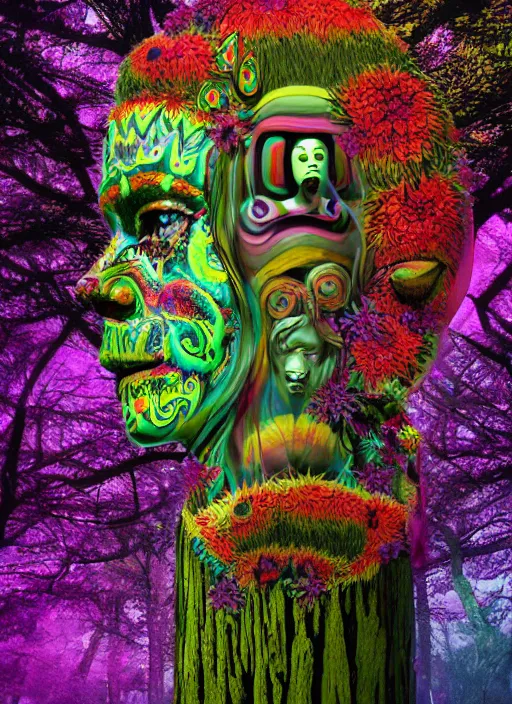 Prompt: a psychedelic surreal horror totem made of trees and multicolor flowers, fulcolor octane remder, cinematic