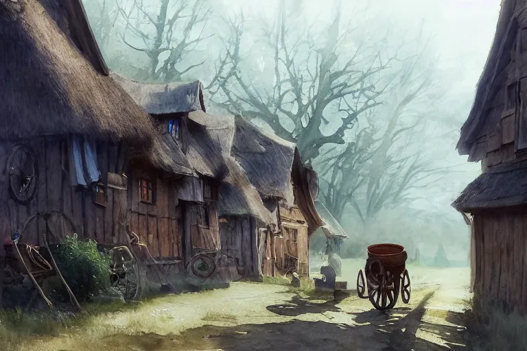 Prompt: watercolor painting of rustic village street, straw roof, scandinavian mythology, ambient lighting and shadows, fog, wheel, barrel, wooden tools, art by hans dahl, by jesper ejsing, art by anders zorn, wonderful masterpiece by greg rutkowski, cinematic light, american romanticism by greg manchess, creation by tyler edlin