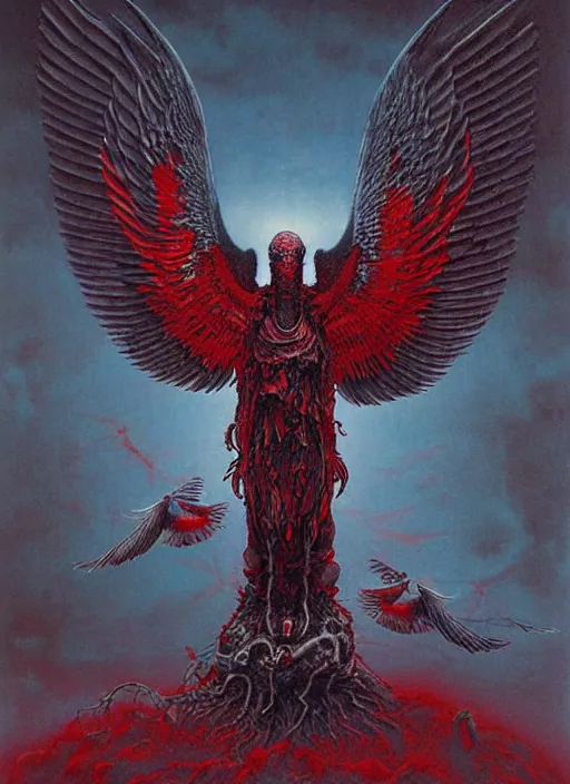 Image similar to front view of spirit of chthonic demonic pigeon with red eyes and dark grey wings, on background red like hell, highly detailed, art by Ayami Kojima, Beksinski, Giger, Beeple