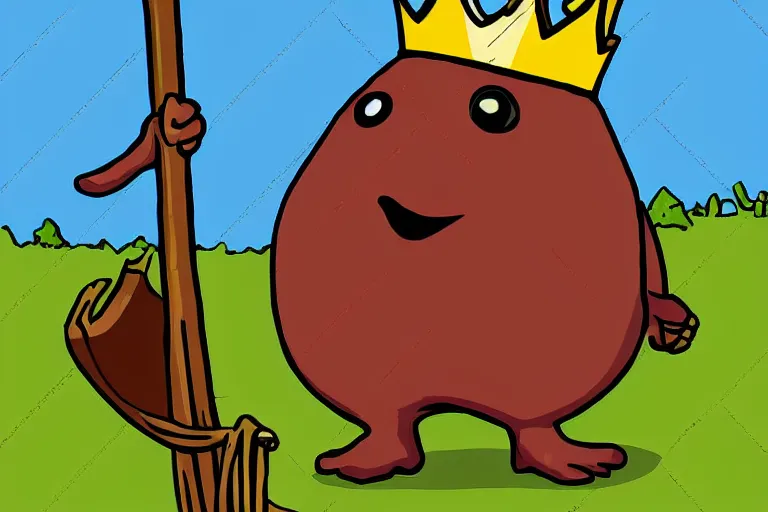 Image similar to cartoon pinto bean holding a staff, wearing kings crown, digital art,