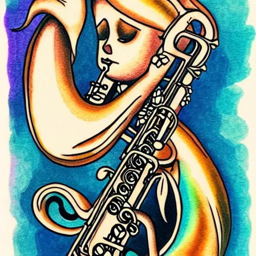Image similar to american traditional tattoo art of a mermaid playing the saxophone, sheet paper