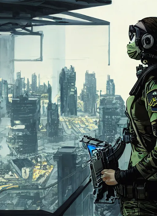 Image similar to Sonya. USN special forces operator looking at city skyline. Agent wearing Futuristic stealth suit. rb6s, MGS, and splinter cell Concept art by James Gurney, Alphonso Mucha.