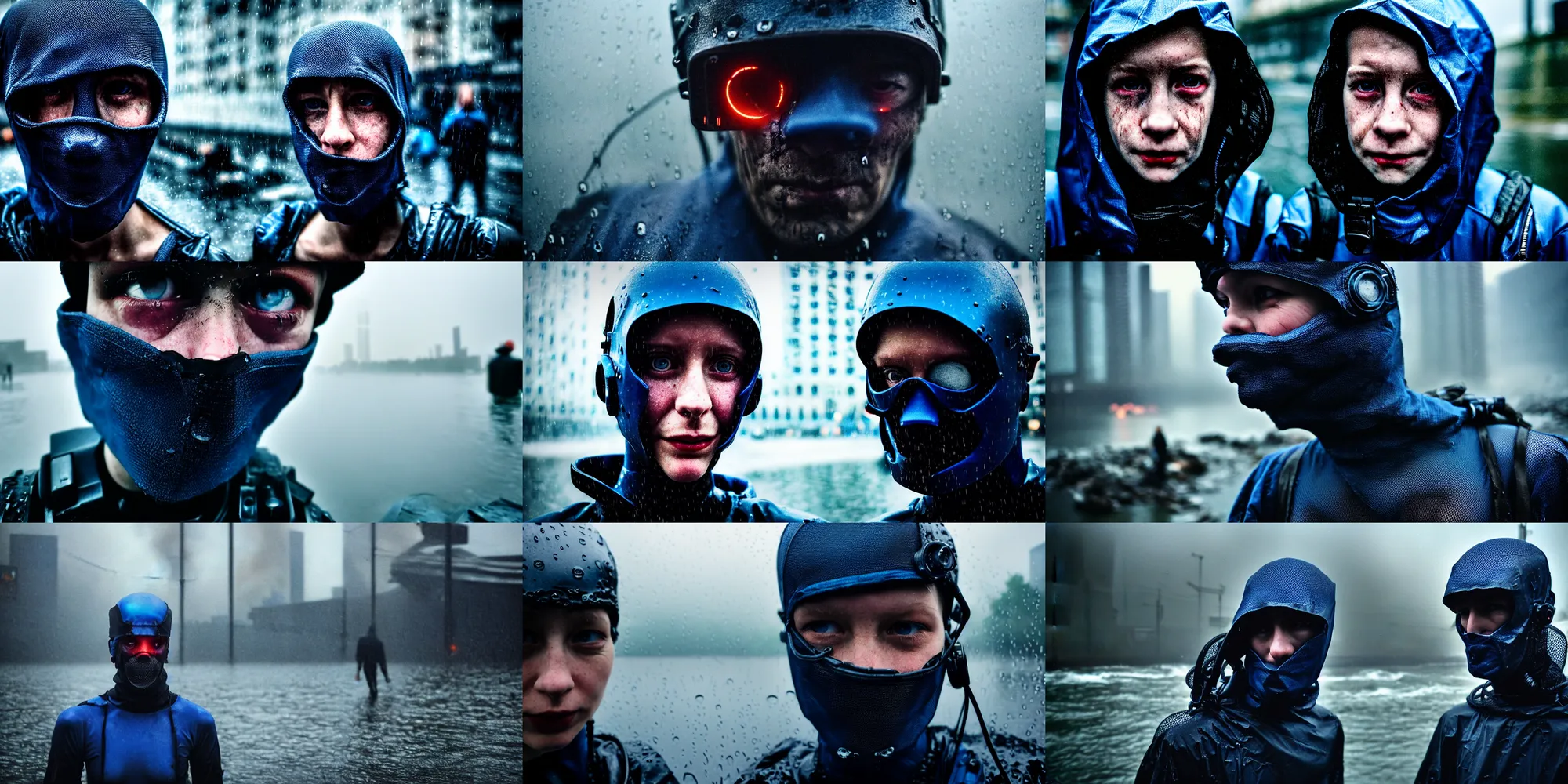 Prompt: cinestill 5 0 d candid photographic portrait by helen levitt of a evil looking cyborg wearing rugged dark blue mesh techwear in treacherous waters, extreme closeup, modern cyberpunk moody depressing cinematic, pouring rain, the buildings are on fire, 8 k, hd, high resolution, 3 5 mm, f / 3 2, ultra realistic faces, ex machina
