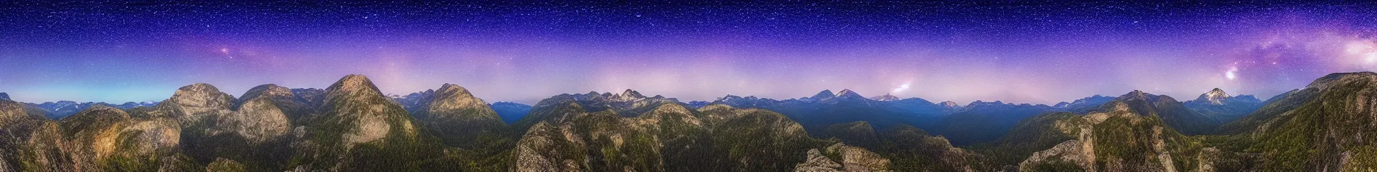 Prompt: panorama view of mountains and grand crayons at night with stars and galaxies in the night sky