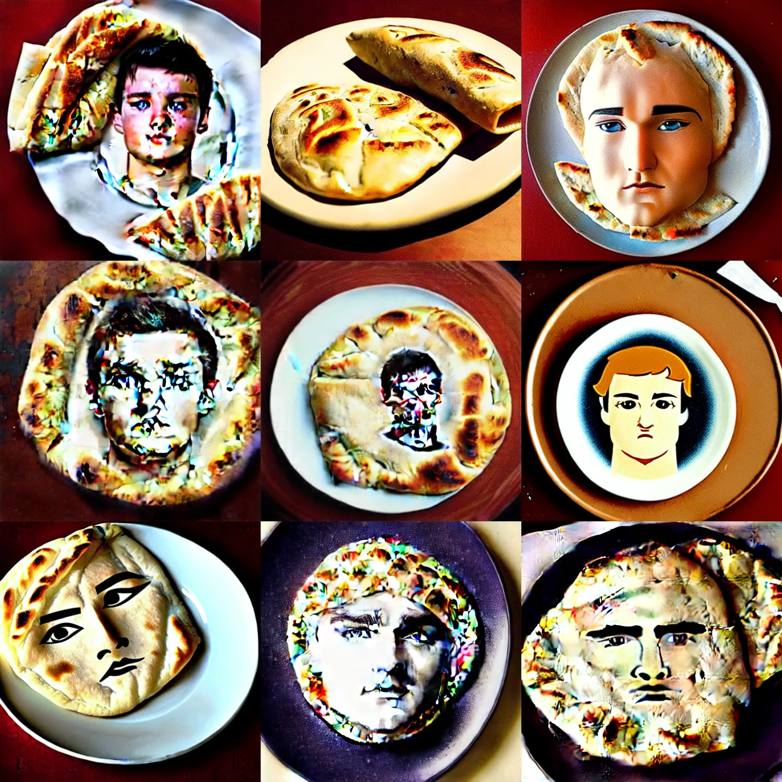 Prompt: a photo of a pita bread on a plate that looks identical to the face of josh hutcherson, octane