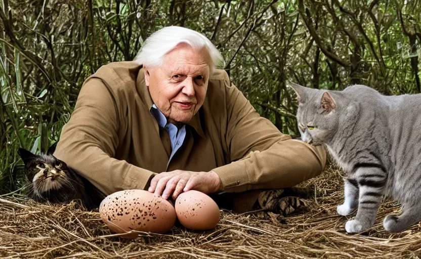 Image similar to david attenborough pointing at a cat guarding it's eggs. big nest. nature photography, strange, photorealistic