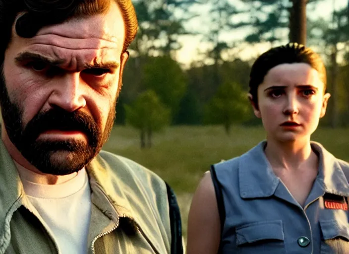 Image similar to film still of jim hopper as nancy wheeler in stranger things, 8 k