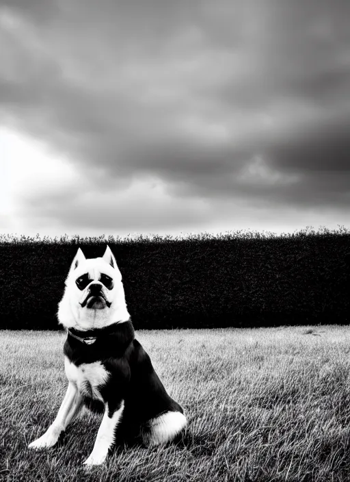 Prompt: dog black and white portrait white sky in background