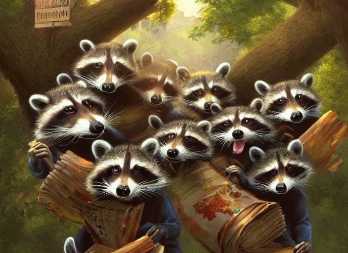 Prompt: a raccoon festival in a quaint town, raccoons eating, extremely happy raccoons, festival painting, overhead view, elegant intricate digital painting artstation concept art by mark brooks and brad kunkle detailed