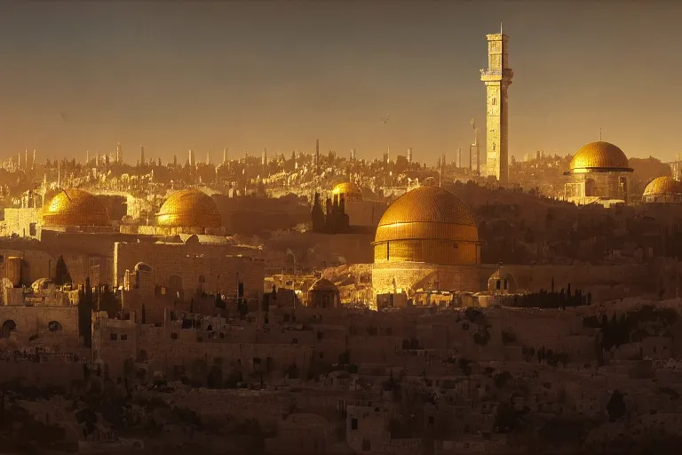 Image similar to robotic futristic jerusalem city, matte painting, long shot, concept art, wide shot, digital art, trending on artstation, 4 k, extremely detailed, realistic, midday, warm colors, golden sunlight, by greg rutkowski, cinematic, epic