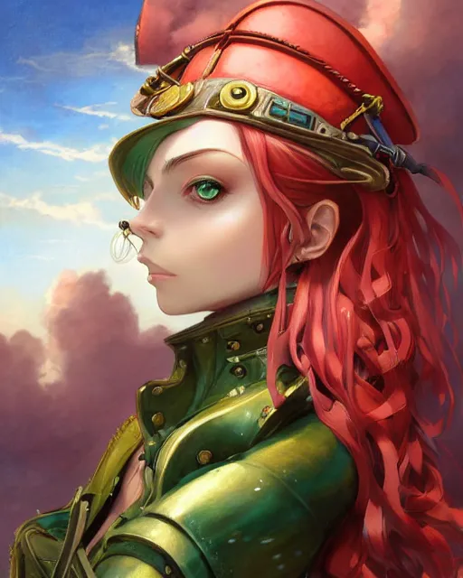 Image similar to a beautiful close up portrait 2D illustration of a young female steampunk pirate wearing leather armor on gold and red trimmings on green, by Charlie Bowater, tom bagshaw, Artgerm and Lois Van Baarle, beautiful anime face, very cool pose, pirate ship with an epic sky background, slightly smiling, cinematic anime lighting and composition, fantasy painting, very detailed, ornate, trending on artstation and pinterest, deviantart, google images