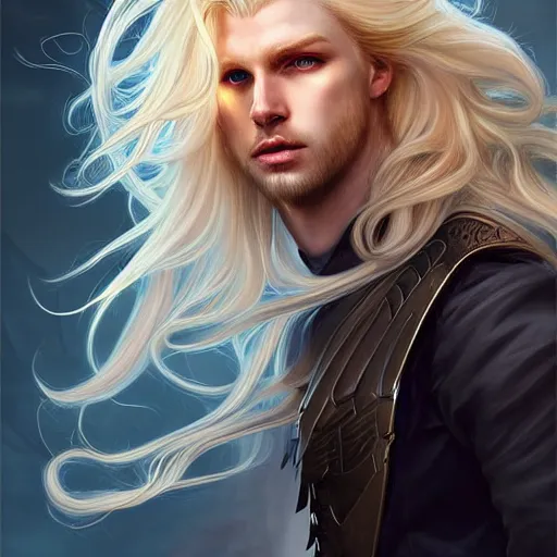 Prompt: digital art of a pale menacing male Cyborg Angel of Battle with long blond curls of hair and piercing eyes, central composition, he commands the fiery power of resonance and wrath, very very long blond curly hair with bangs!!!, Center parted bangs, fringe, baroque curls, by Ross Tran Rossdraws and WLOP, Artstation, CGsociety