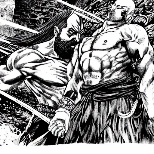 Image similar to god of war, kratos, fight scene still, manga, by kentaro miura