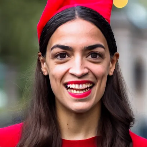 Prompt: Alexandria Ocasio-Cortez as an elf with a chesty outfit, gazing earnestly into the camera