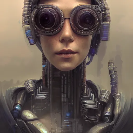 Image similar to extremely detailed portrait of a cyberpunk woman, eye implants, street vendors, citizens, augmented cyborgs, robots, skyscapers, buildings, clouds, sunset, painted by seb mckinnon, high detail, digital art, trending on artstation