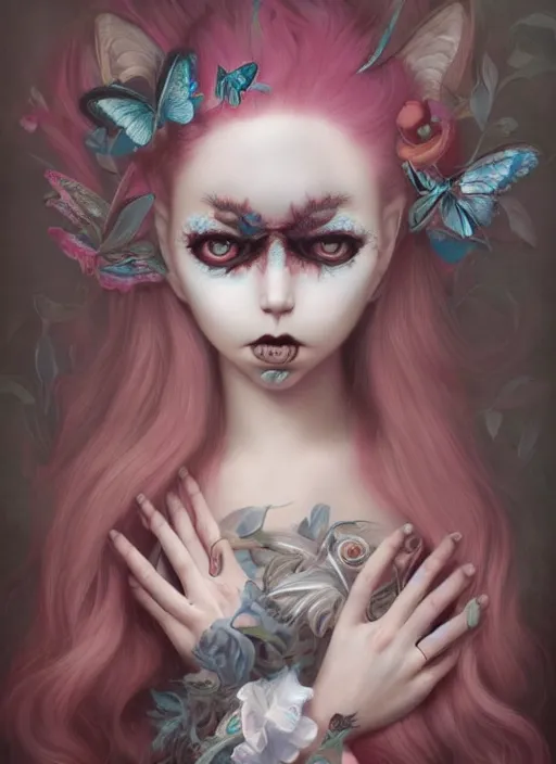 Image similar to pop surrealism, lowbrow art, realistic cute girl painting, japanese street fashion, hyper realism, muted colours, rococo, natalie shau, loreta lux, tom bagshaw, mark ryden, trevor brown style,