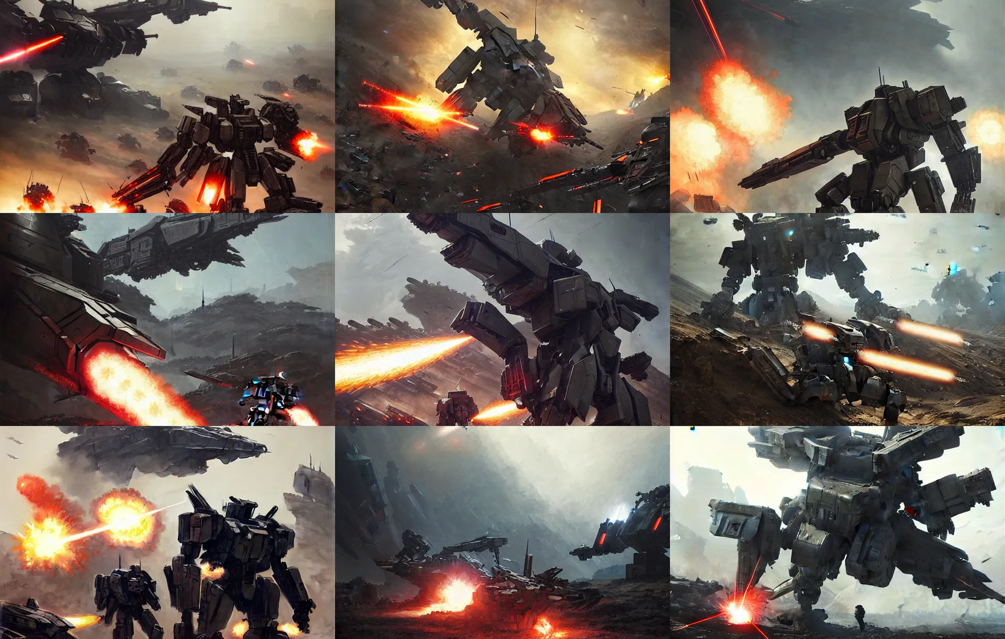Prompt: an armored core v on the ground, booster flares, legs, laser rifles, karst landscape, art by greg rutkowski