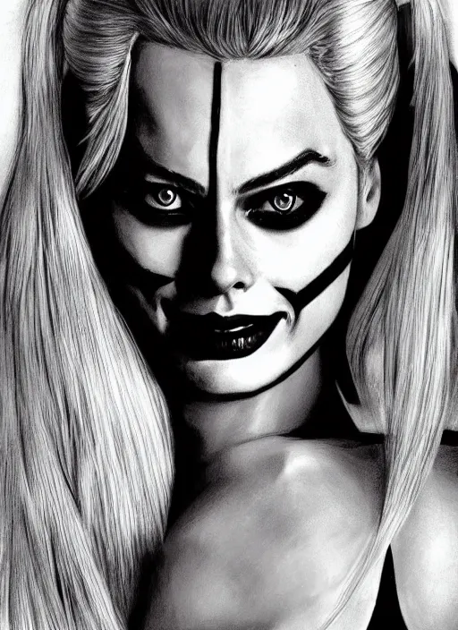 Prompt: a pencil drawing of margot robbie as harley quinn, hyper realistic, highly detailed